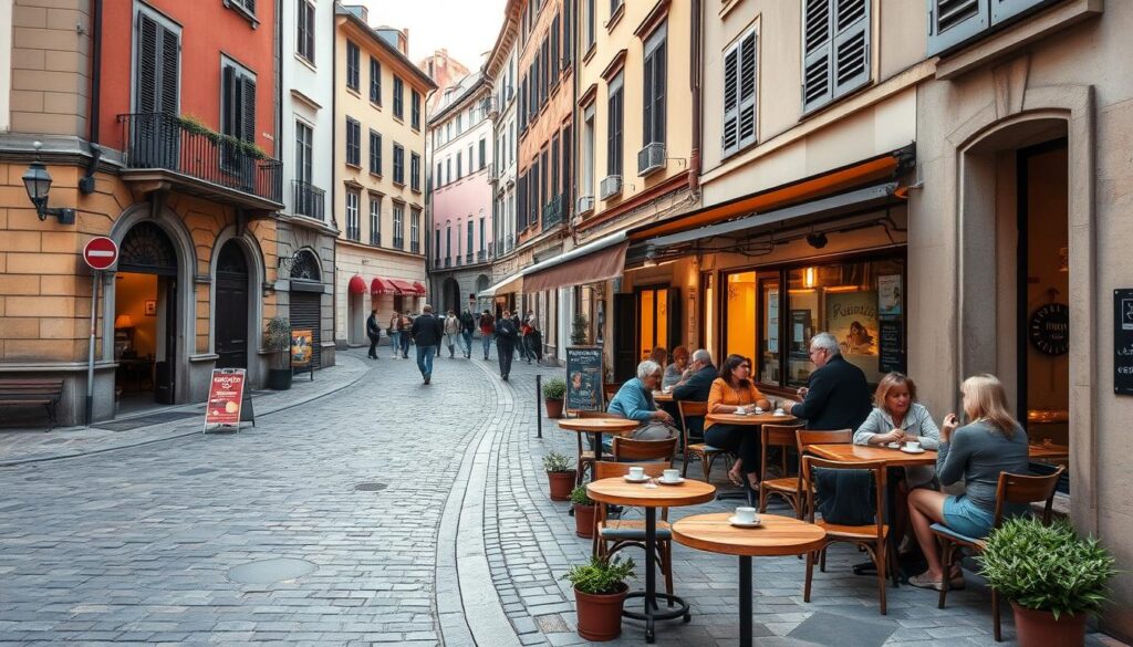 A peaceful cafe in a European hidden gem town with locals enjoying coffee