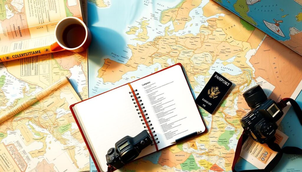 A person planning a trip to Europe hidden gems with maps and guidebooks