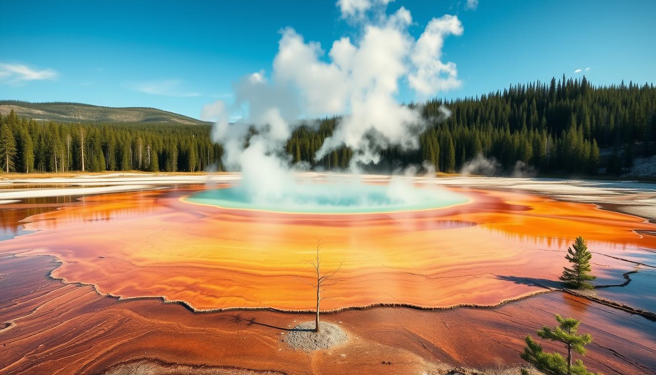 Yellowstone National Park scenic view with Grand Prismatic Spring